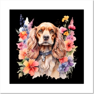 An american cocker spaniel decorated with beautiful watercolor flowers Posters and Art